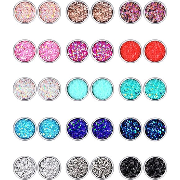 Jewelry - 15 Pairs Colorful Druzy Stud Earrings Set - Stainless Steel Jewelry for Women
